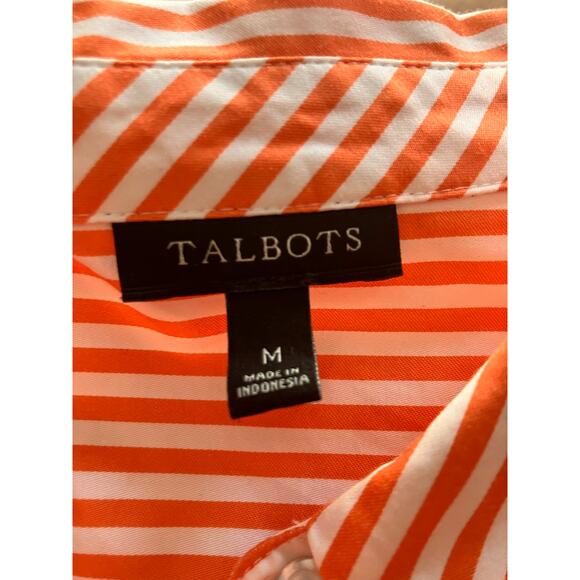 Talbots Medium Womens Blouse Button Up Striped Orange White Short Sleeve Tie - Picture 6 of 6